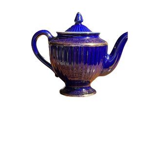 Vintage Cobalt Blue Hall Teapot Los Angeles Gold Trim Ribbed 083 READ